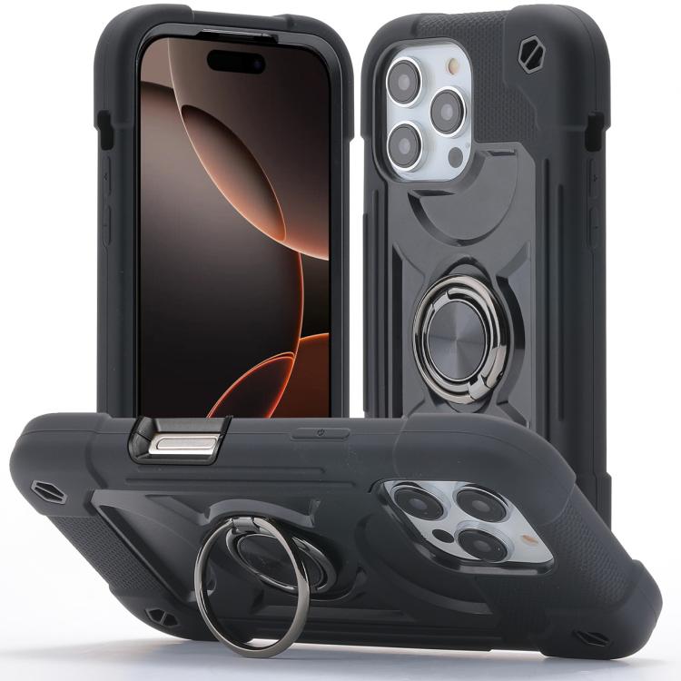 Custodia per telefono ibrida in silicone PC con doppio anello di supporto girevole a 360 gradi., For iPhone 16 Pro, For iPhone 16 Plus