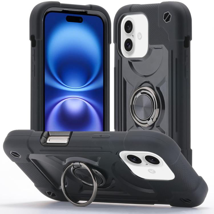 Custodia per telefono ibrida in silicone PC con doppio anello di supporto girevole a 360 gradi., For iPhone 16 Pro, For iPhone 16 Plus
