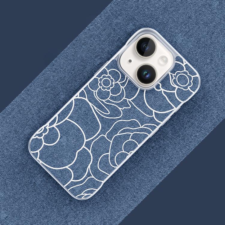 Custodia per telefono a mezza copertura con stampa a rilievo di fiori di camelia in tessuto di lino e chiusura magnetica., For iPhone 15 Pro, For iPhone 15, For iPhone 14 / 13, For iPhone 14 Pro