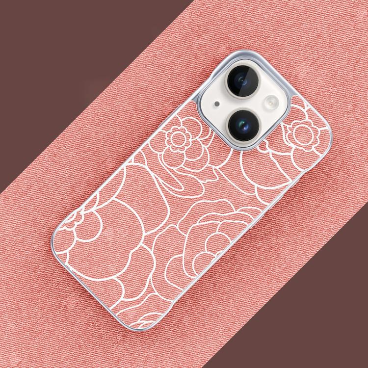 Custodia per telefono a mezza copertura con stampa a rilievo di fiori di camelia in tessuto di lino e chiusura magnetica., For iPhone 15 Pro, For iPhone 15, For iPhone 14 / 13, For iPhone 14 Pro