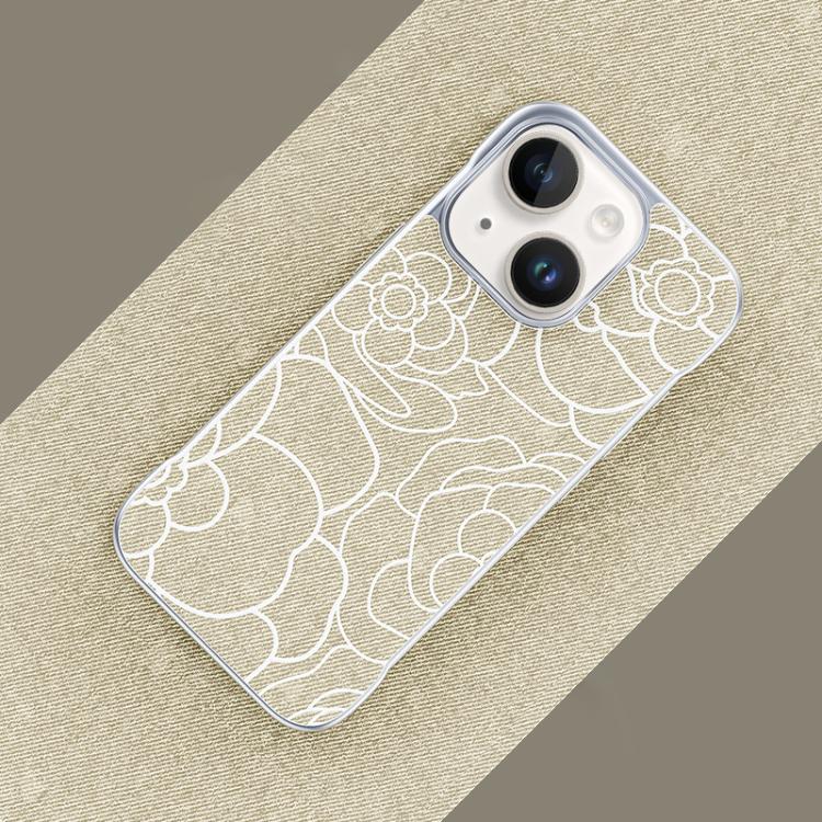 Custodia per telefono a mezza copertura con stampa a rilievo di fiori di camelia in tessuto di lino e chiusura magnetica., For iPhone 15 Pro, For iPhone 15, For iPhone 14 / 13, For iPhone 14 Pro