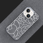 Custodia per telefono a mezza copertura con stampa a rilievo di fiori di camelia in tessuto di lino e chiusura magnetica., For iPhone 15 Pro, For iPhone 15, For iPhone 14 / 13, For iPhone 14 Pro