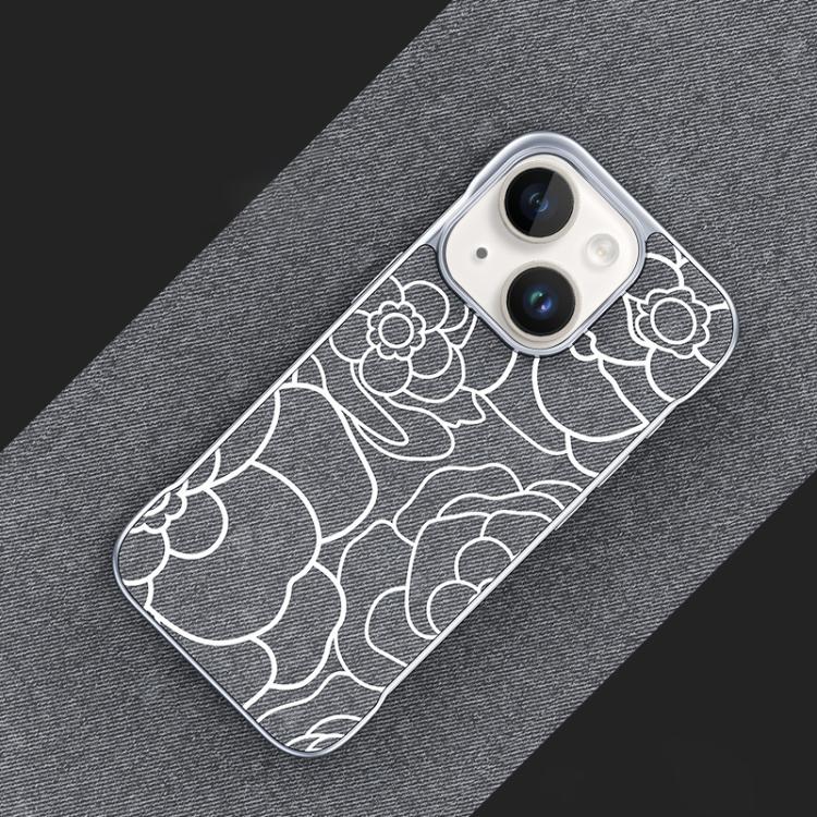 Custodia per telefono a mezza copertura con stampa a rilievo di fiori di camelia in tessuto di lino e chiusura magnetica., For iPhone 15 Pro, For iPhone 15, For iPhone 14 / 13, For iPhone 14 Pro
