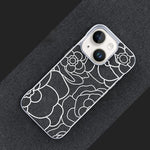 Custodia per telefono a mezza copertura con stampa a rilievo di fiori di camelia in tessuto di lino e chiusura magnetica., For iPhone 15 Pro, For iPhone 15, For iPhone 14 / 13, For iPhone 14 Pro