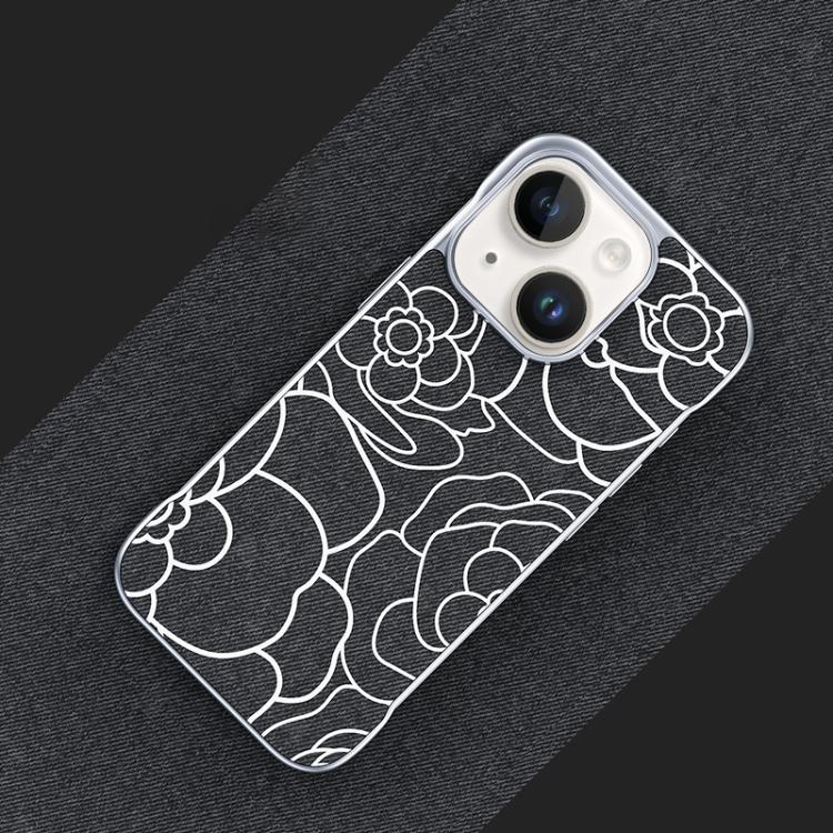 Custodia per telefono a mezza copertura con stampa a rilievo di fiori di camelia in tessuto di lino e chiusura magnetica., For iPhone 15 Pro, For iPhone 15, For iPhone 14 / 13, For iPhone 14 Pro