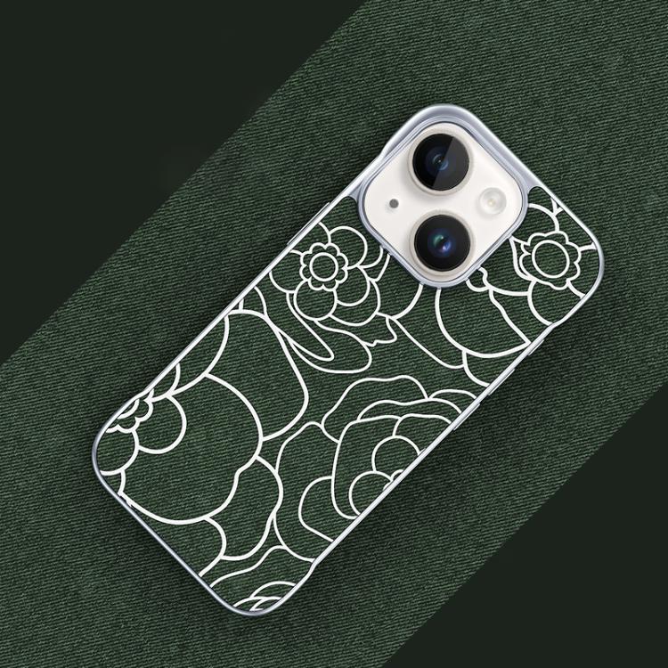 Custodia per telefono a mezza copertura con stampa a rilievo di fiori di camelia in tessuto di lino e chiusura magnetica., For iPhone 15 Pro, For iPhone 15, For iPhone 14 / 13, For iPhone 14 Pro
