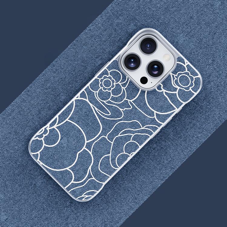 Custodia per telefono a mezza copertura con stampa a rilievo di fiori di camelia in tessuto di lino e chiusura magnetica., For iPhone 15 Pro, For iPhone 15, For iPhone 14 / 13, For iPhone 14 Pro