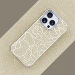 Custodia per telefono a mezza copertura con stampa a rilievo di fiori di camelia in tessuto di lino e chiusura magnetica., For iPhone 15 Pro, For iPhone 15, For iPhone 14 / 13, For iPhone 14 Pro