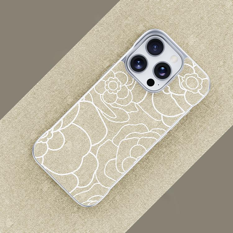 Custodia per telefono a mezza copertura con stampa a rilievo di fiori di camelia in tessuto di lino e chiusura magnetica., For iPhone 15 Pro, For iPhone 15, For iPhone 14 / 13, For iPhone 14 Pro