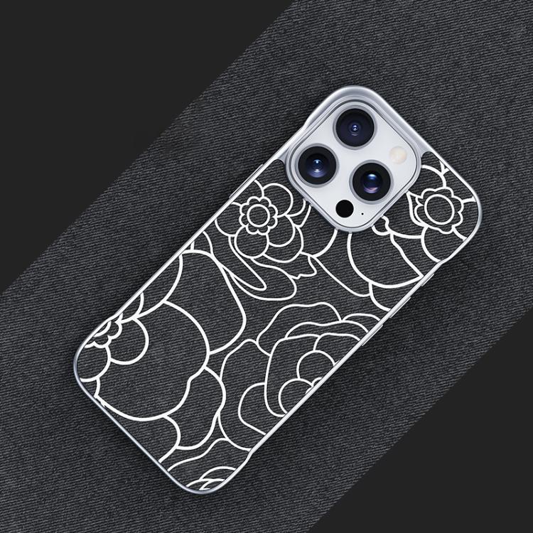Custodia per telefono a mezza copertura con stampa a rilievo di fiori di camelia in tessuto di lino e chiusura magnetica., For iPhone 15 Pro, For iPhone 15, For iPhone 14 / 13, For iPhone 14 Pro