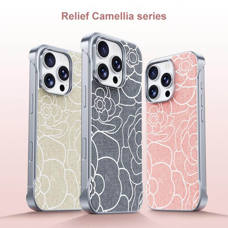 Custodia per telefono a mezza copertura con stampa a rilievo di fiori di camelia in tessuto di lino e chiusura magnetica., For iPhone 17 Pro Max, For iPhone 17 Pro, For iPhone 17, For iPhone 16 Pro Max