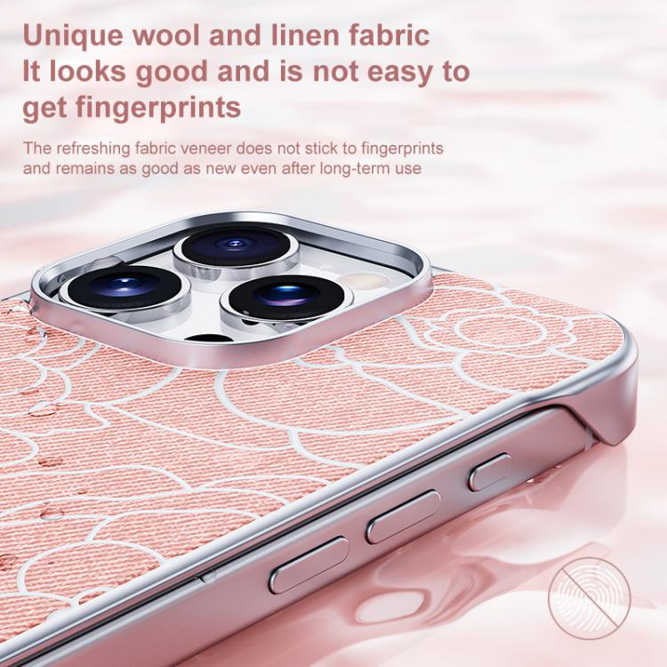 Custodia per telefono a mezza copertura con stampa a rilievo di fiori di camelia in tessuto di lino e chiusura magnetica., For iPhone 14 Pro Max