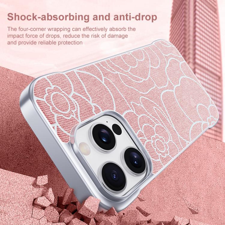 Custodia per telefono a mezza copertura con stampa a rilievo di fiori di camelia in tessuto di lino e chiusura magnetica., For iPhone 17 Pro Max, For iPhone 17 Pro, For iPhone 17, For iPhone 16 Pro Max