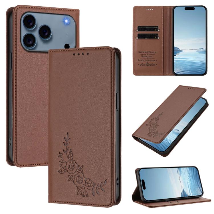 Custodia per telefono magnetica RFID in ecopelle con motivo peonia in rilievo., For iPhone 17e / 16e, For iPhone 17 Pro Max