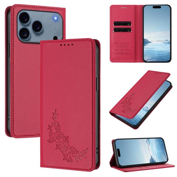 Custodia per telefono magnetica RFID in ecopelle con motivo peonia in rilievo., For iPhone 17 Pro, For iPhone 17