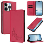 Custodia per telefono magnetica RFID in ecopelle con motivo peonia in rilievo., For iPhone 15 Pro, For iPhone 15 Plus