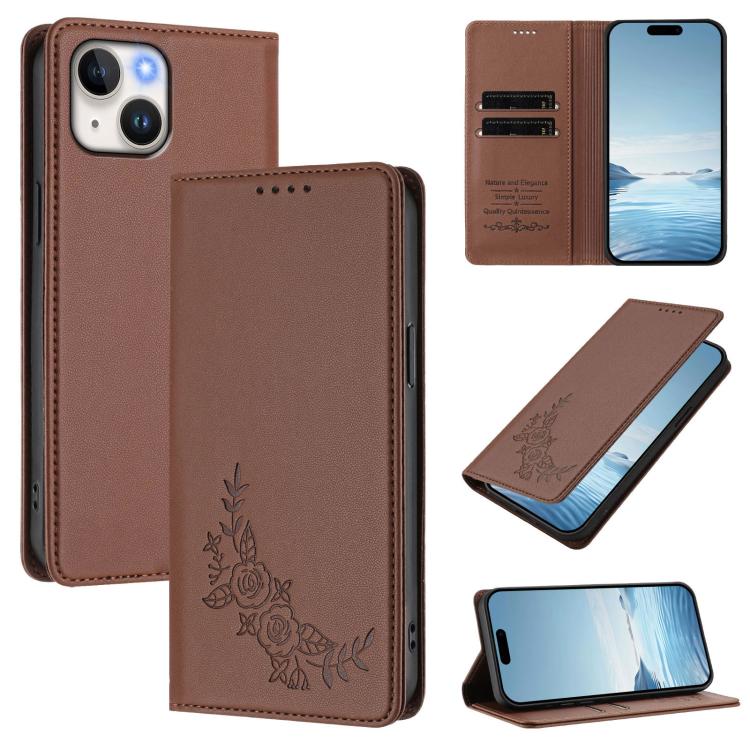 Custodia per telefono magnetica RFID in ecopelle con motivo peonia in rilievo., For iPhone 15, For iPhone 14 Plus