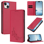 Custodia per telefono magnetica RFID in ecopelle con motivo peonia in rilievo., For iPhone 15, For iPhone 14 Plus