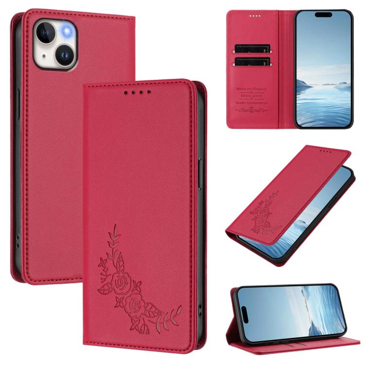 Custodia per telefono magnetica RFID in ecopelle con motivo peonia in rilievo., For iPhone 15, For iPhone 14 Plus