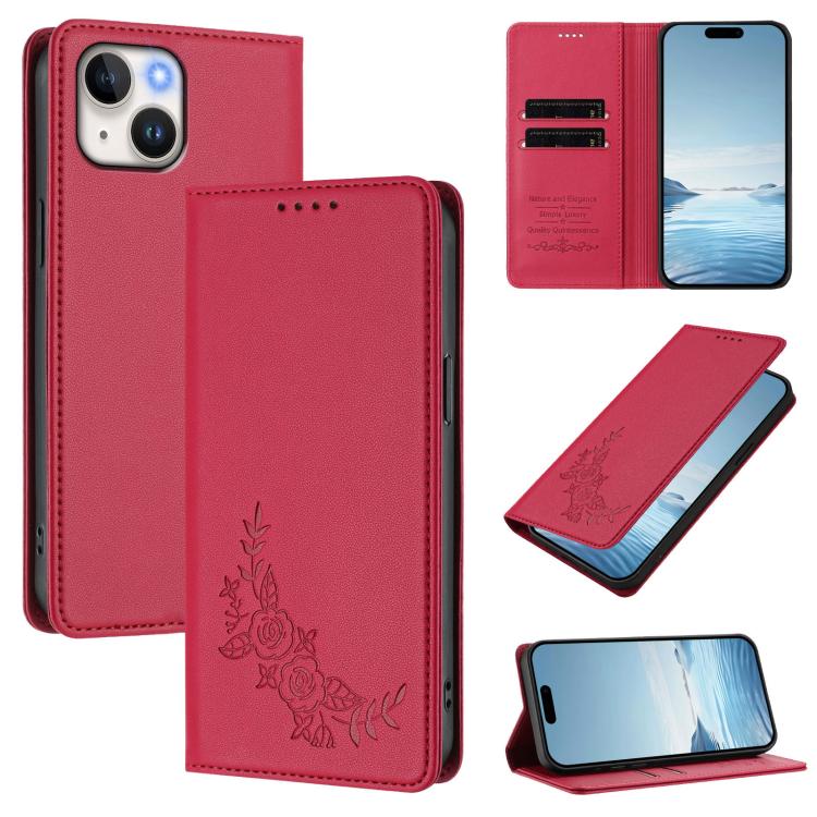 Custodia per telefono magnetica RFID in ecopelle con motivo peonia in rilievo., For iPhone 14 / 13, For iPhone 14 Pro