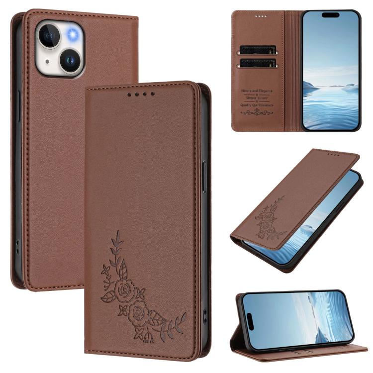 Custodia per telefono magnetica RFID in ecopelle con motivo peonia in rilievo., For iPhone 14 / 13, For iPhone 14 Pro