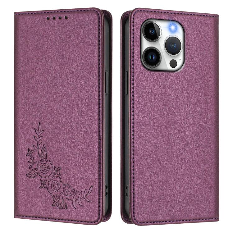 Custodia per telefono magnetica RFID in ecopelle con motivo peonia in rilievo., For iPhone 13 Pro, For iPhone 12 / 12 Pro