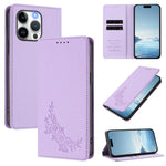 Custodia per telefono magnetica RFID in ecopelle con motivo peonia in rilievo., For iPhone 13 Pro, For iPhone 12 / 12 Pro