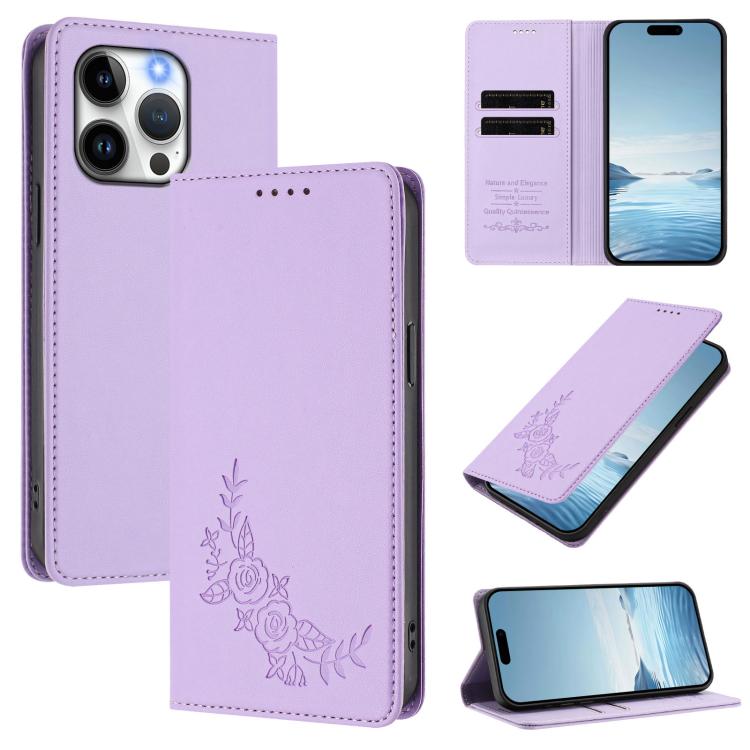 Custodia per telefono magnetica RFID in ecopelle con motivo peonia in rilievo., For iPhone 13 Pro, For iPhone 12 / 12 Pro