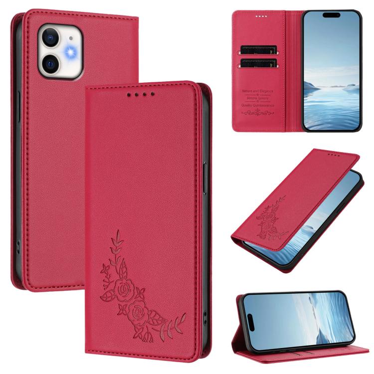 Custodia per telefono magnetica RFID in ecopelle con motivo peonia in rilievo., For iPhone 13 Pro, For iPhone 12 / 12 Pro