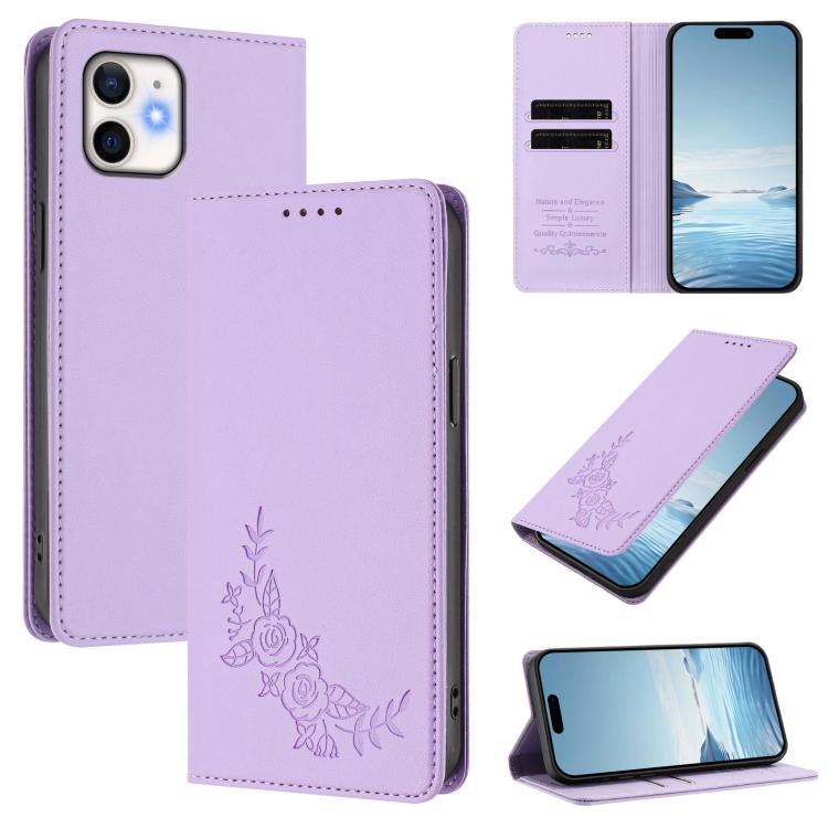Custodia per telefono magnetica RFID in ecopelle con motivo peonia in rilievo., For iPhone 13 Pro, For iPhone 12 / 12 Pro