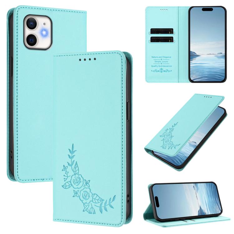 Custodia per telefono magnetica RFID in ecopelle con motivo peonia in rilievo., For iPhone 13 Pro, For iPhone 12 / 12 Pro