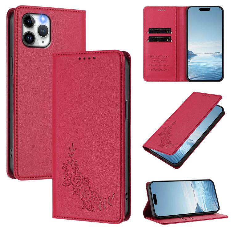 Custodia per telefono magnetica RFID in ecopelle con motivo peonia in rilievo., For iPhone 11, For iPhone 11 Pro