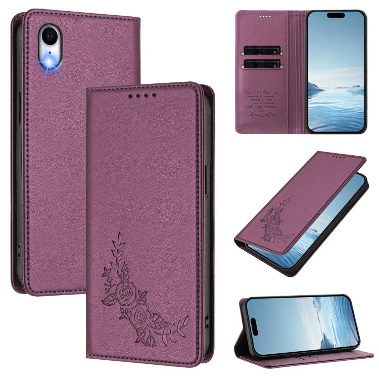 Custodia per telefono magnetica RFID in ecopelle con motivo peonia in rilievo., For iPhone X / XS, For iPhone XR