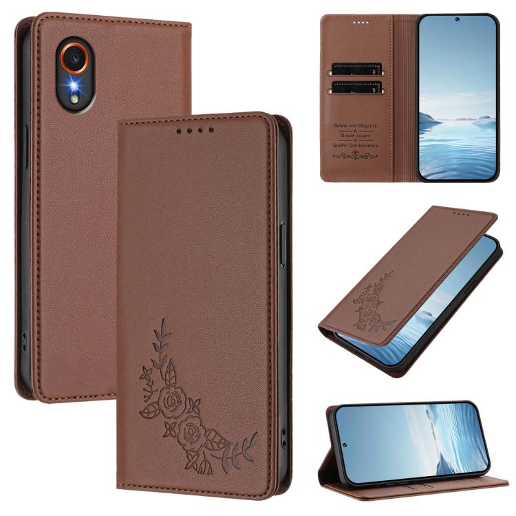 Custodia per telefono magnetica RFID in ecopelle con motivo peonia in rilievo., For Samsung Galaxy XCover7 Pro, For Samsung Galaxy XCover7