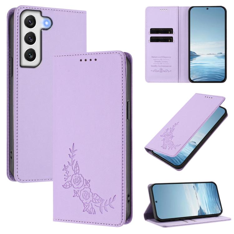 Custodia per telefono magnetica RFID in ecopelle con motivo peonia in rilievo., For Galaxy S22+ 5G, For Galaxy S22 5G
