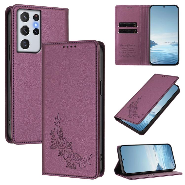 Custodia per telefono magnetica RFID in ecopelle con motivo peonia in rilievo., For Galaxy S21+ 5G, For Galaxy S21 Ultra 5G