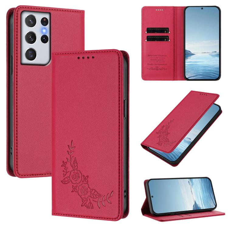 Custodia per telefono magnetica RFID in ecopelle con motivo peonia in rilievo., For Galaxy S21+ 5G, For Galaxy S21 Ultra 5G