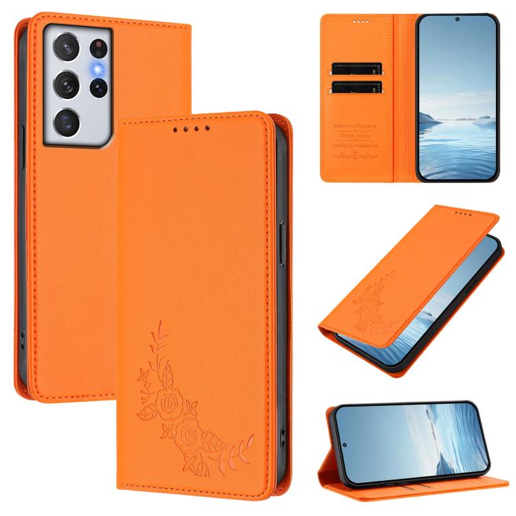 Custodia per telefono magnetica RFID in ecopelle con motivo peonia in rilievo., For Galaxy S21+ 5G, For Galaxy S21 Ultra 5G