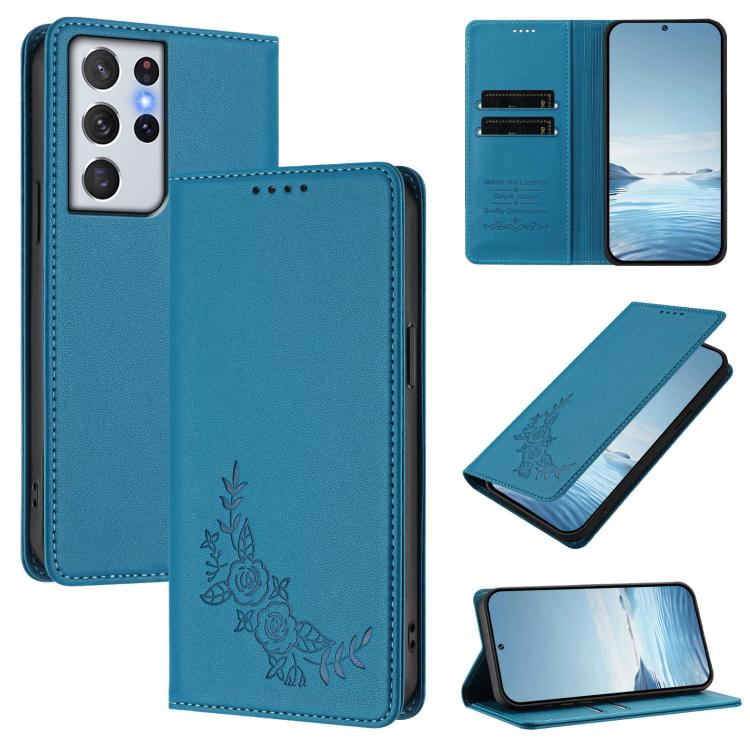 Custodia per telefono magnetica RFID in ecopelle con motivo peonia in rilievo., For Galaxy S21+ 5G, For Galaxy S21 Ultra 5G