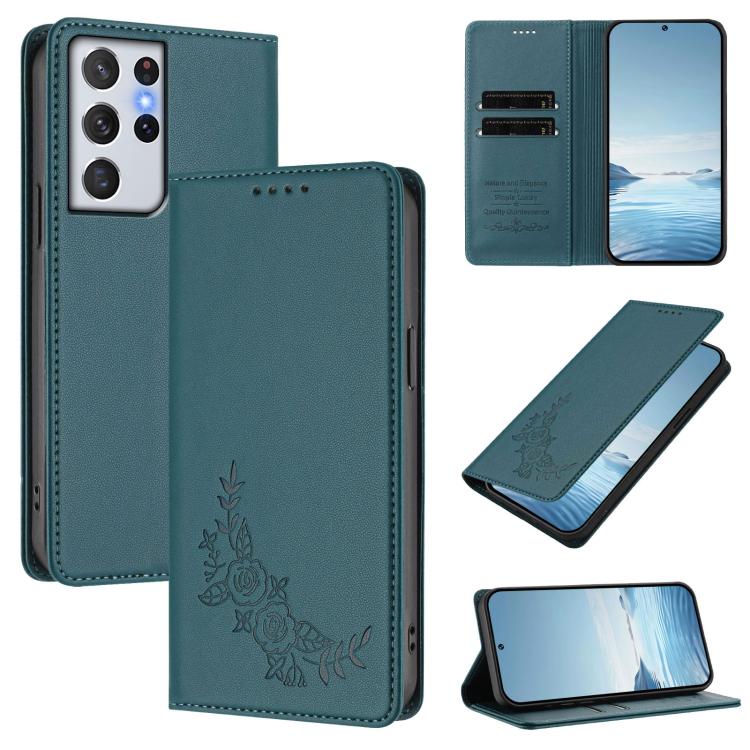 Custodia per telefono magnetica RFID in ecopelle con motivo peonia in rilievo., For Galaxy S21+ 5G, For Galaxy S21 Ultra 5G