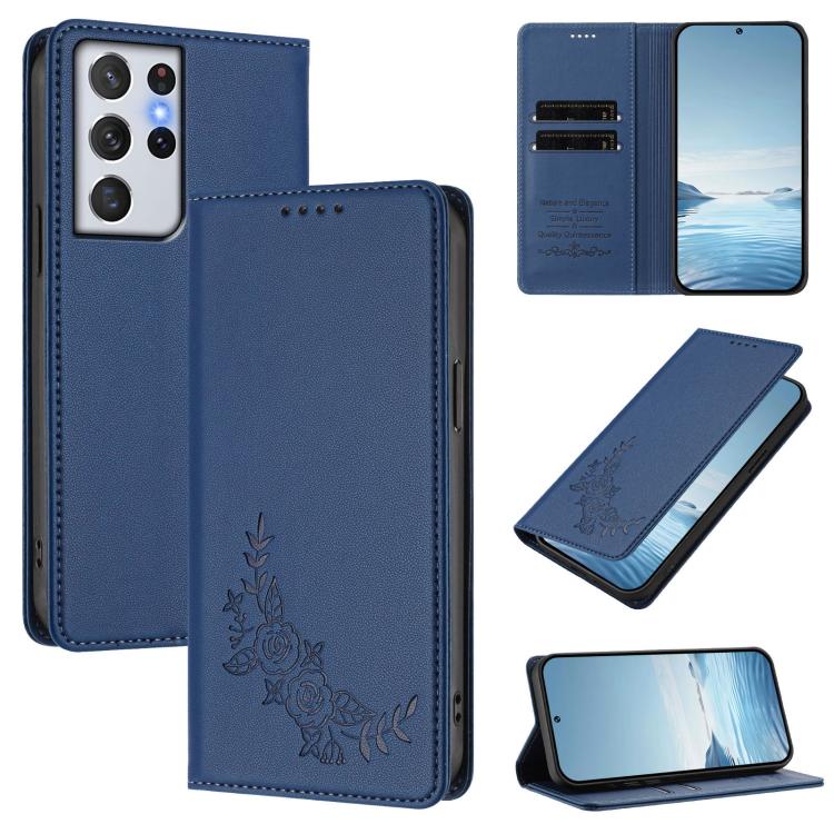 Custodia per telefono magnetica RFID in ecopelle con motivo peonia in rilievo., For Galaxy S21+ 5G, For Galaxy S21 Ultra 5G