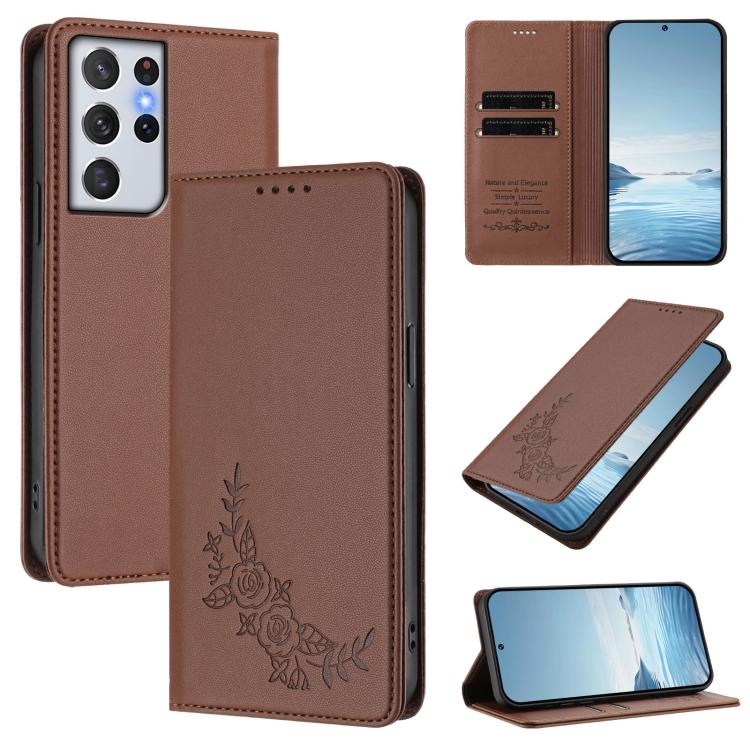 Custodia per telefono magnetica RFID in ecopelle con motivo peonia in rilievo., For Galaxy S21+ 5G, For Galaxy S21 Ultra 5G