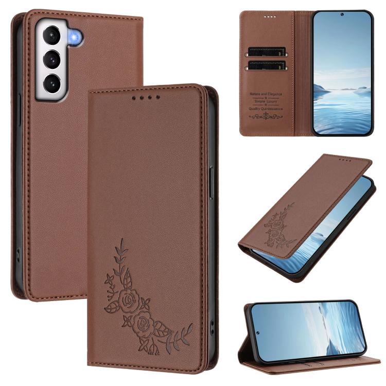 Custodia per telefono magnetica RFID in ecopelle con motivo peonia in rilievo., For Galaxy S21+ 5G, For Galaxy S21 Ultra 5G