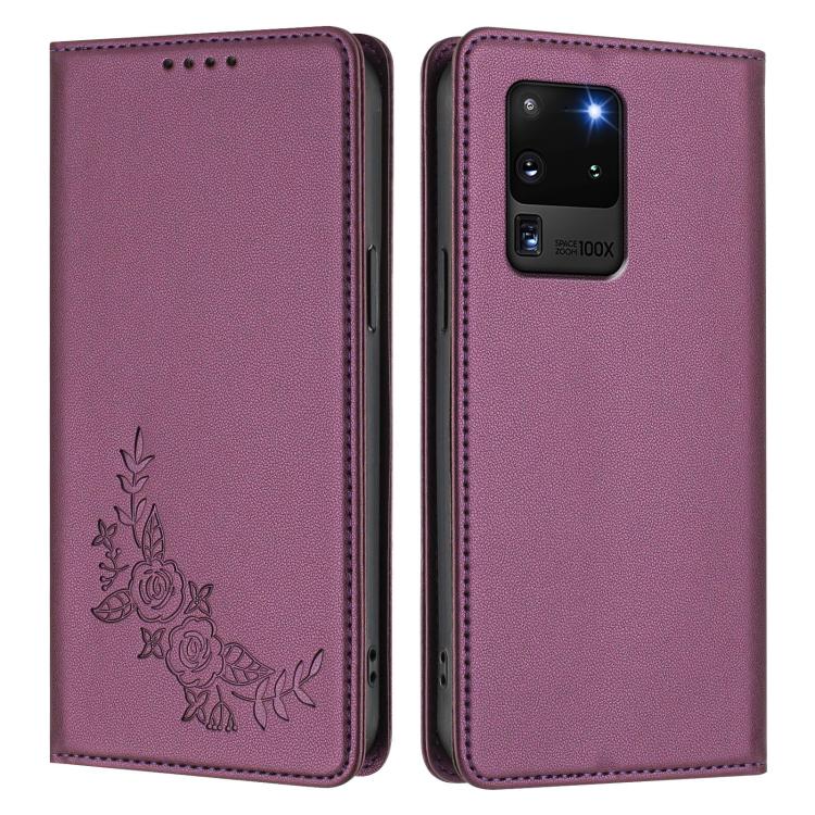 Custodia per telefono magnetica RFID in ecopelle con motivo peonia in rilievo., For Galaxy S20 Ultra 5G, For Galaxy S20+ 5G