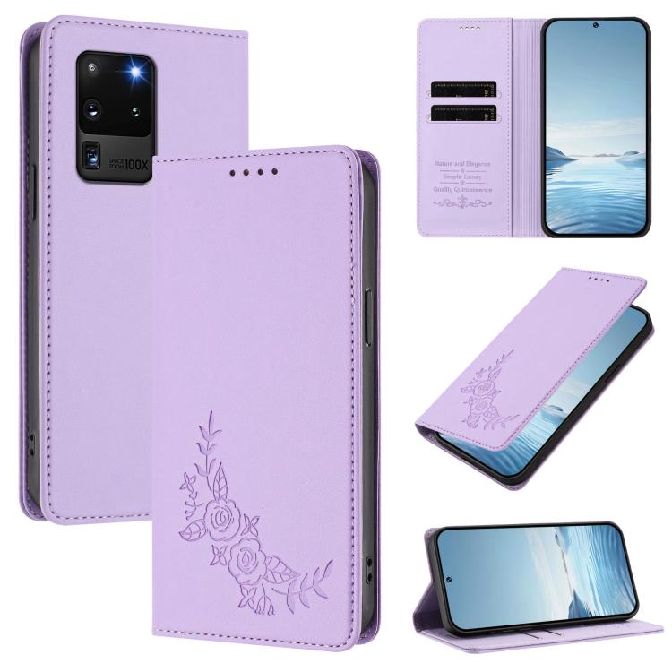 Custodia per telefono magnetica RFID in ecopelle con motivo peonia in rilievo., For Galaxy S20 Ultra 5G, For Galaxy S20+ 5G
