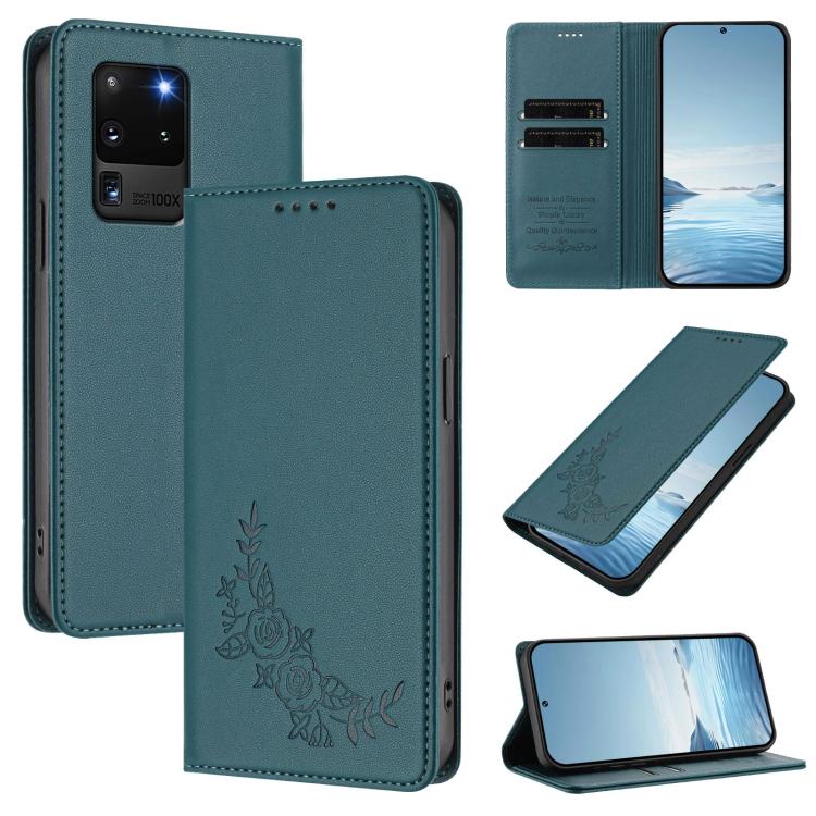 Custodia per telefono magnetica RFID in ecopelle con motivo peonia in rilievo., For Galaxy S20 Ultra 5G, For Galaxy S20+ 5G