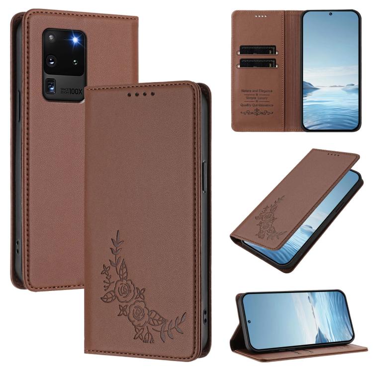 Custodia per telefono magnetica RFID in ecopelle con motivo peonia in rilievo., For Galaxy S20 Ultra 5G, For Galaxy S20+ 5G