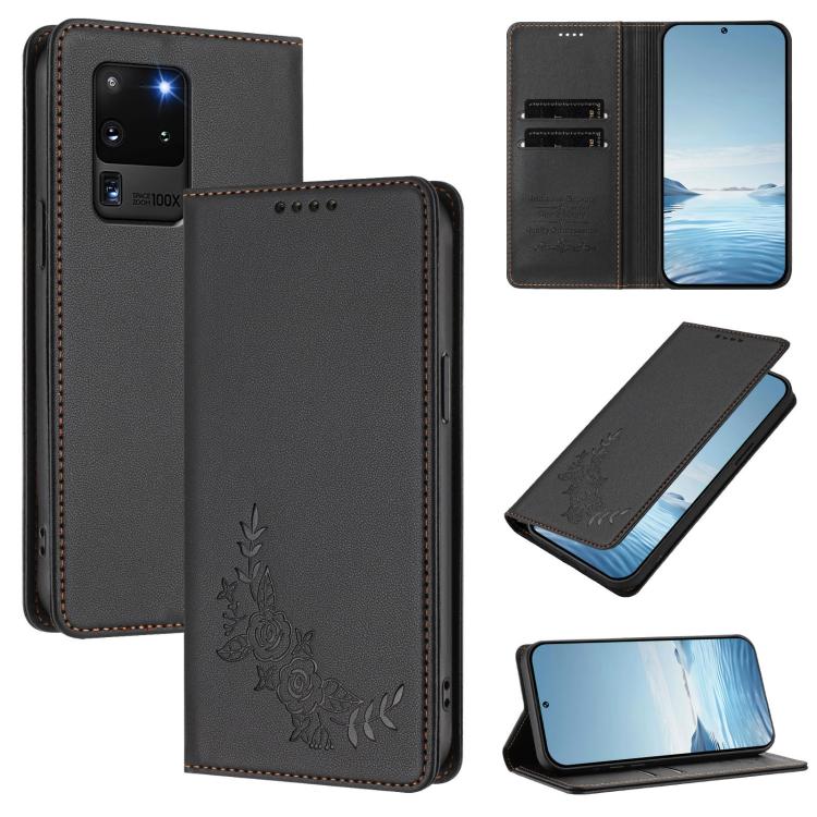 Custodia per telefono magnetica RFID in ecopelle con motivo peonia in rilievo., For Galaxy S20 Ultra 5G, For Galaxy S20+ 5G