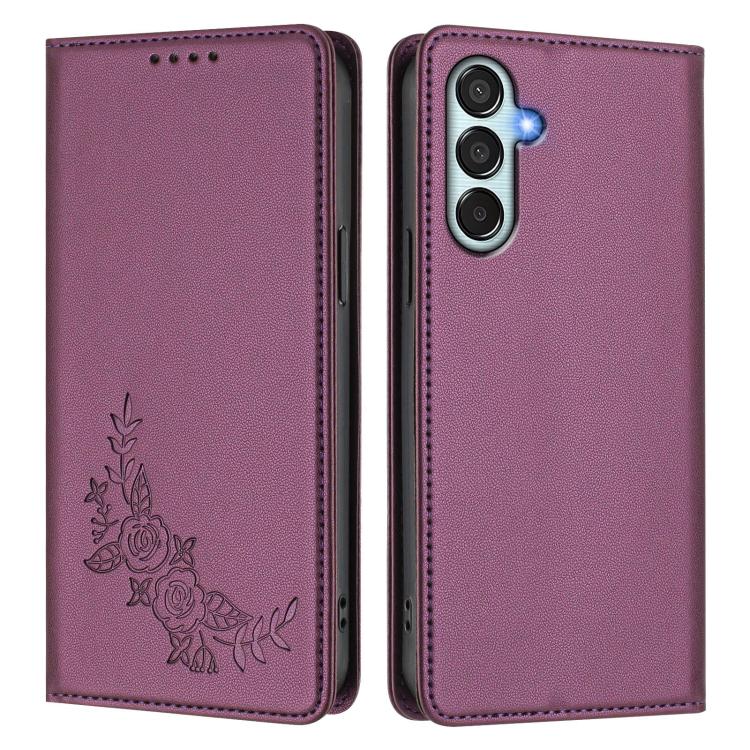 Custodia per telefono magnetica RFID in ecopelle con motivo peonia in rilievo., For Samsung Galaxy M35, For Samsung Galaxy M55 / C55