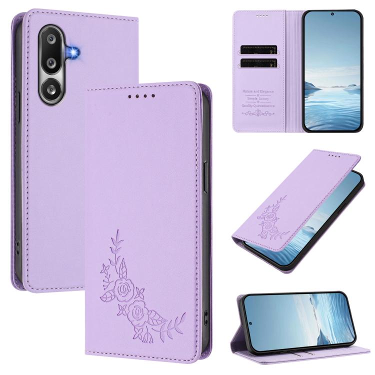 Custodia per telefono magnetica RFID in ecopelle con motivo peonia in rilievo., For Samsung Galaxy M36 5G, For Samsung Galaxy M56 5G